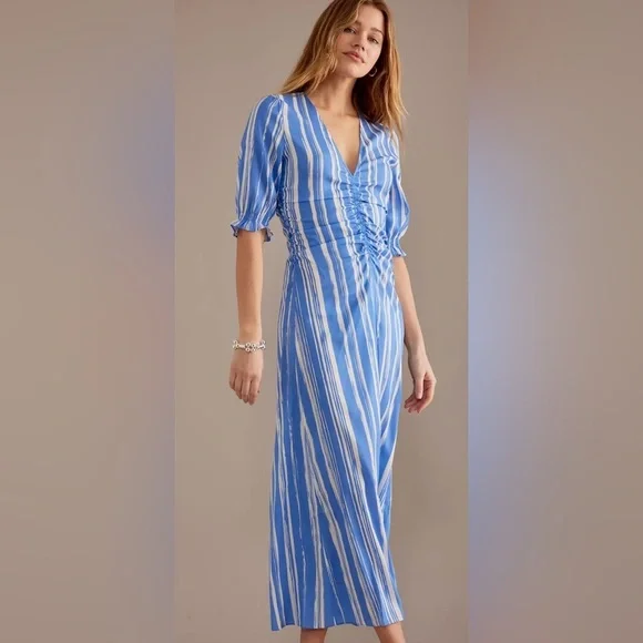 NEW Baum und Pferdgarten Amma Ruched Half Sleeve Striped Midi Dress Blue Size:10 - Picture 2 of 4